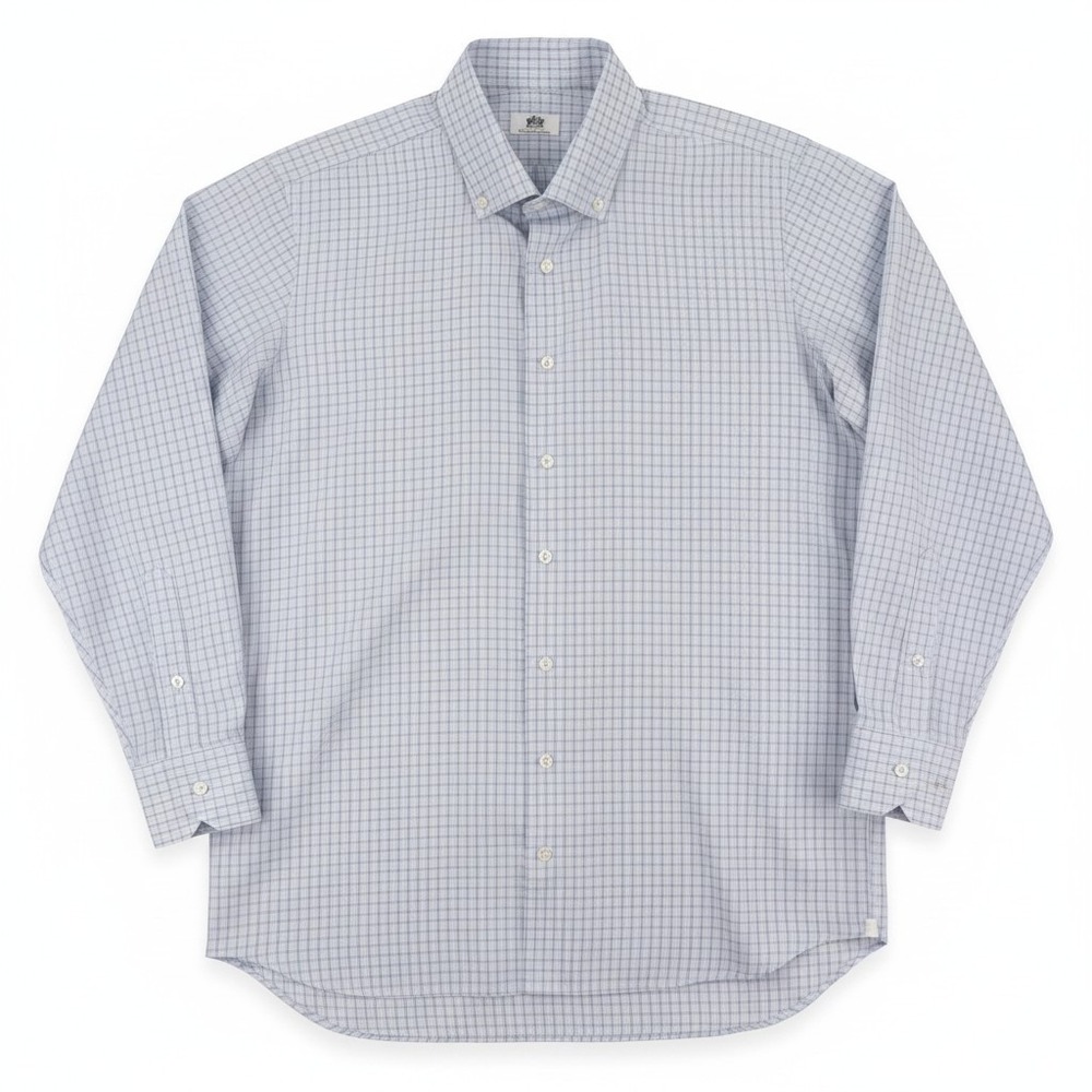 Oxxford Clothes Dress Shirt Mens 17x33 Blue Green Plaid Button Down USA